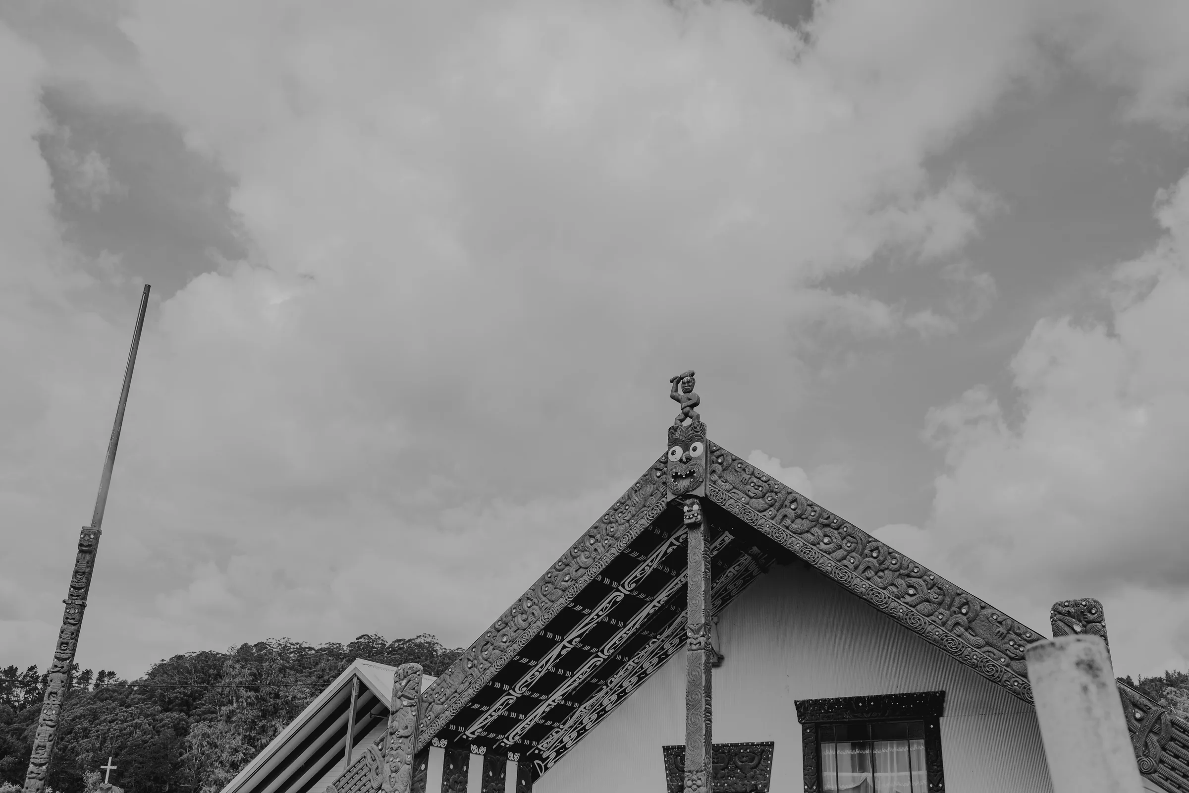 The carved frontage of Wahiao Te Pakira wharenui beneath a cloudy sky